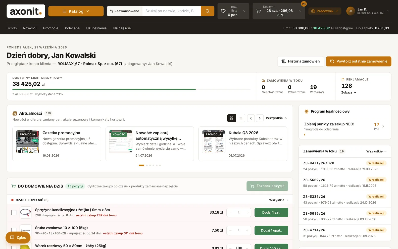 Pulpit klienta w Platformie B2B: limit kredytowy, zamówienia w toku, reklamacje i lista produktów do domówienia