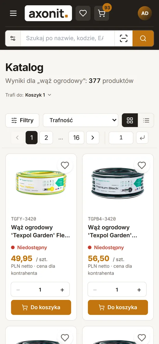 Wyniki wyszukiwania na telefonie z cenami klienta i przyciskiem koszyka