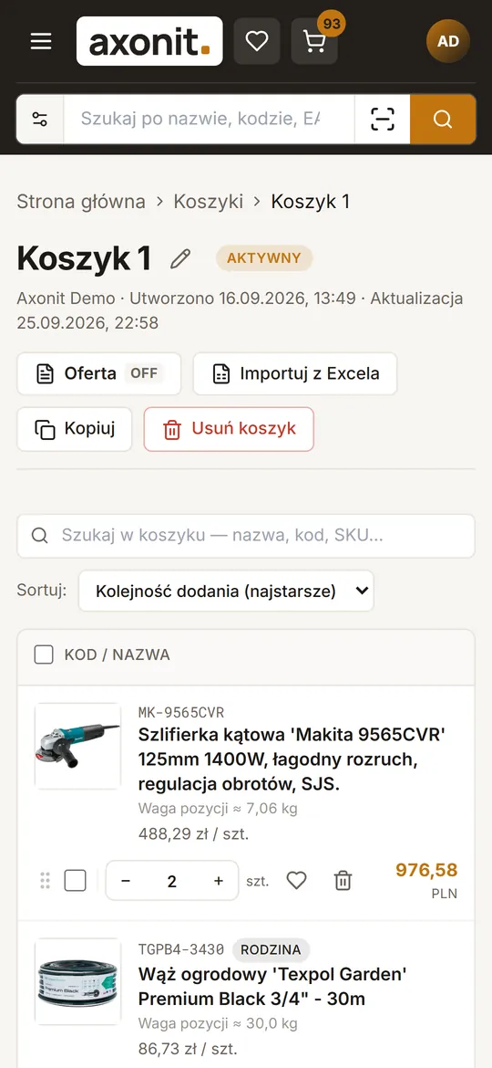 Koszyk na telefonie z pozycjami i ilościami