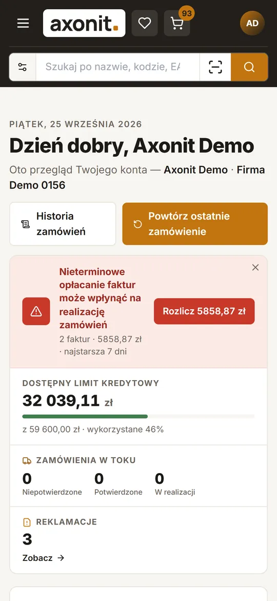 Pulpit klienta na telefonie: limit, zamówienia w toku i reklamacje