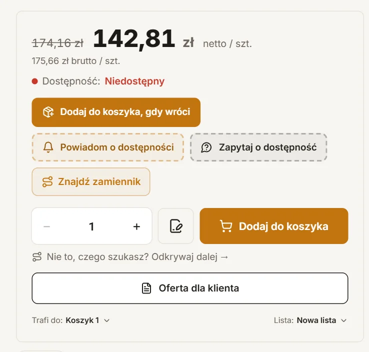 Karta towaru niedostępnego: dodaj do koszyka, gdy wróci, powiadom o dostępności, znajdź zamiennik