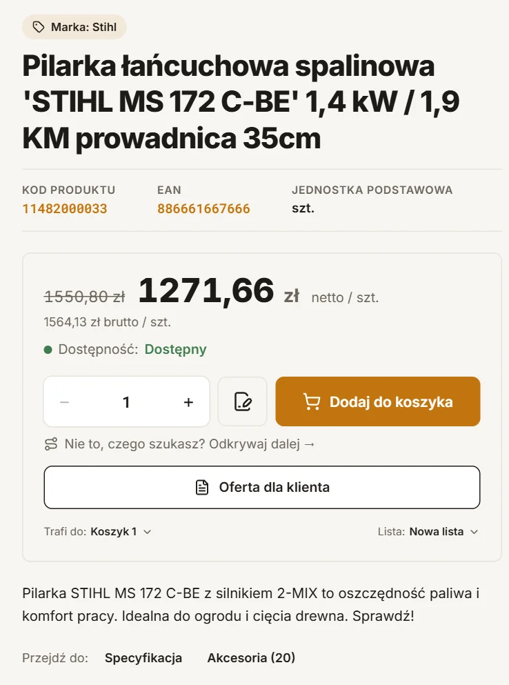 Cena klienta z ERP XL, dostępność i dodanie do koszyka na karcie produktu