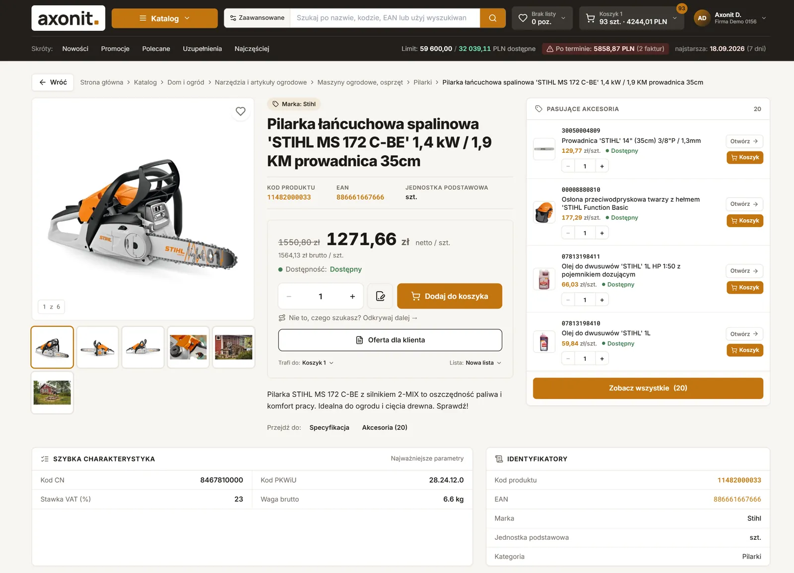 Karta produktu z pełnymi danymi z ERP XL: zdjęcia, cena klienta, szybka charakterystyka, identyfikatory i akcesoria