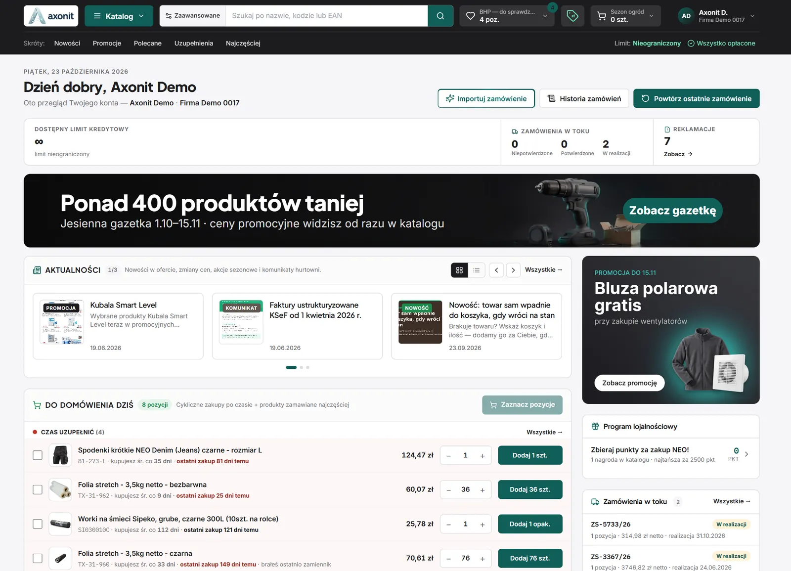 Pulpit klienta w Platformie B2B: limit kredytowy, zamówienia w toku, banery i lista do domówienia