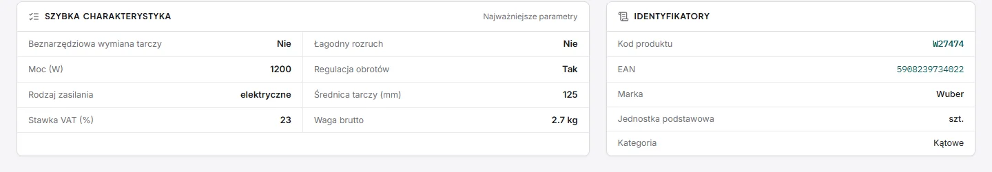 Sekcja Szybka charakterystyka na karcie produktu: moc, regulacja obrotów, średnica tarczy, waga, a obok identyfikatory: kod, EAN, marka, jednostka i kategoria